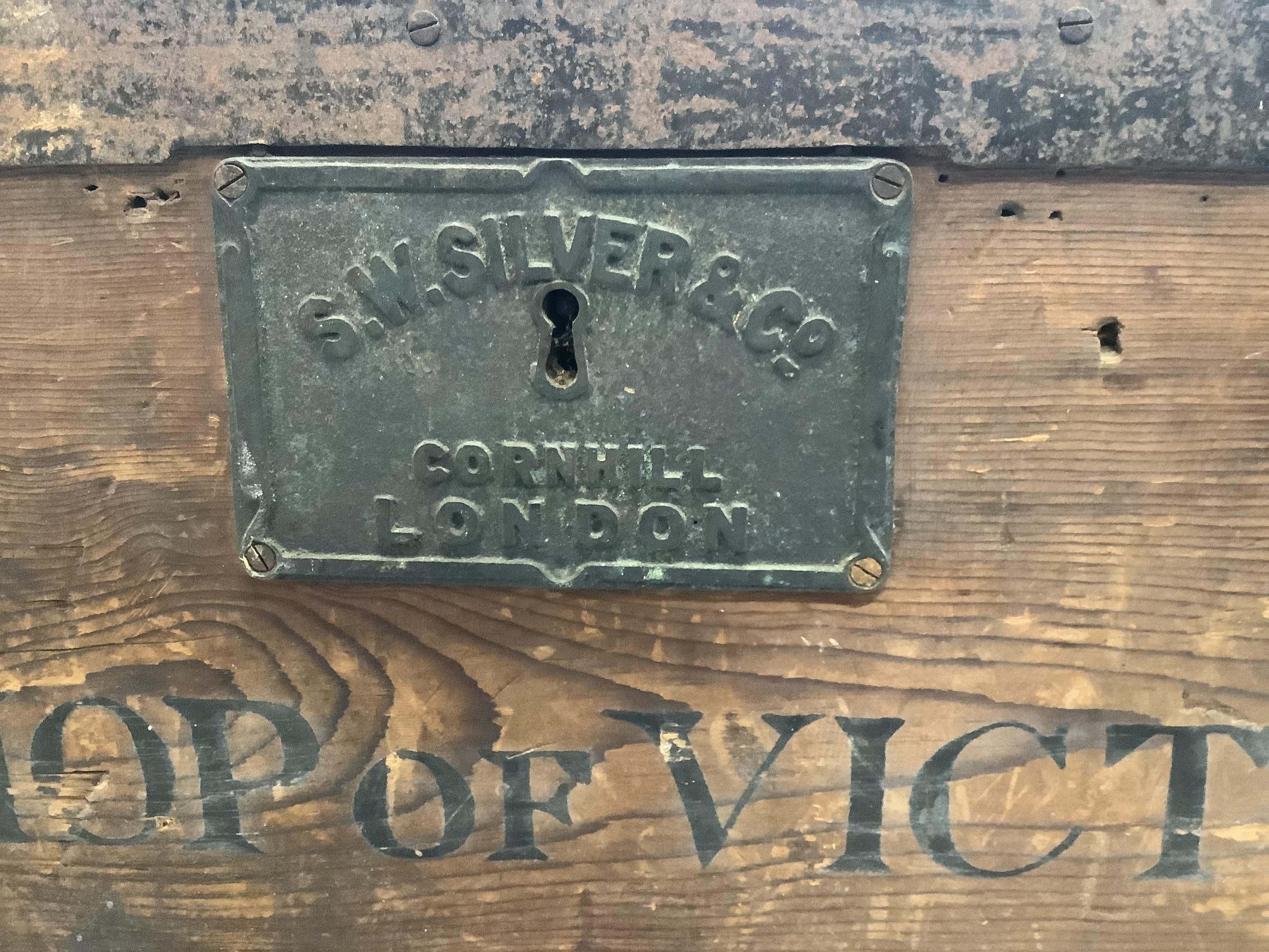 A Victorian iron bound pine trunk, Bishop of Victoria, made by SW Silver & Co, Cornhill, London, width 103cm, depth 55cm, height 49cm